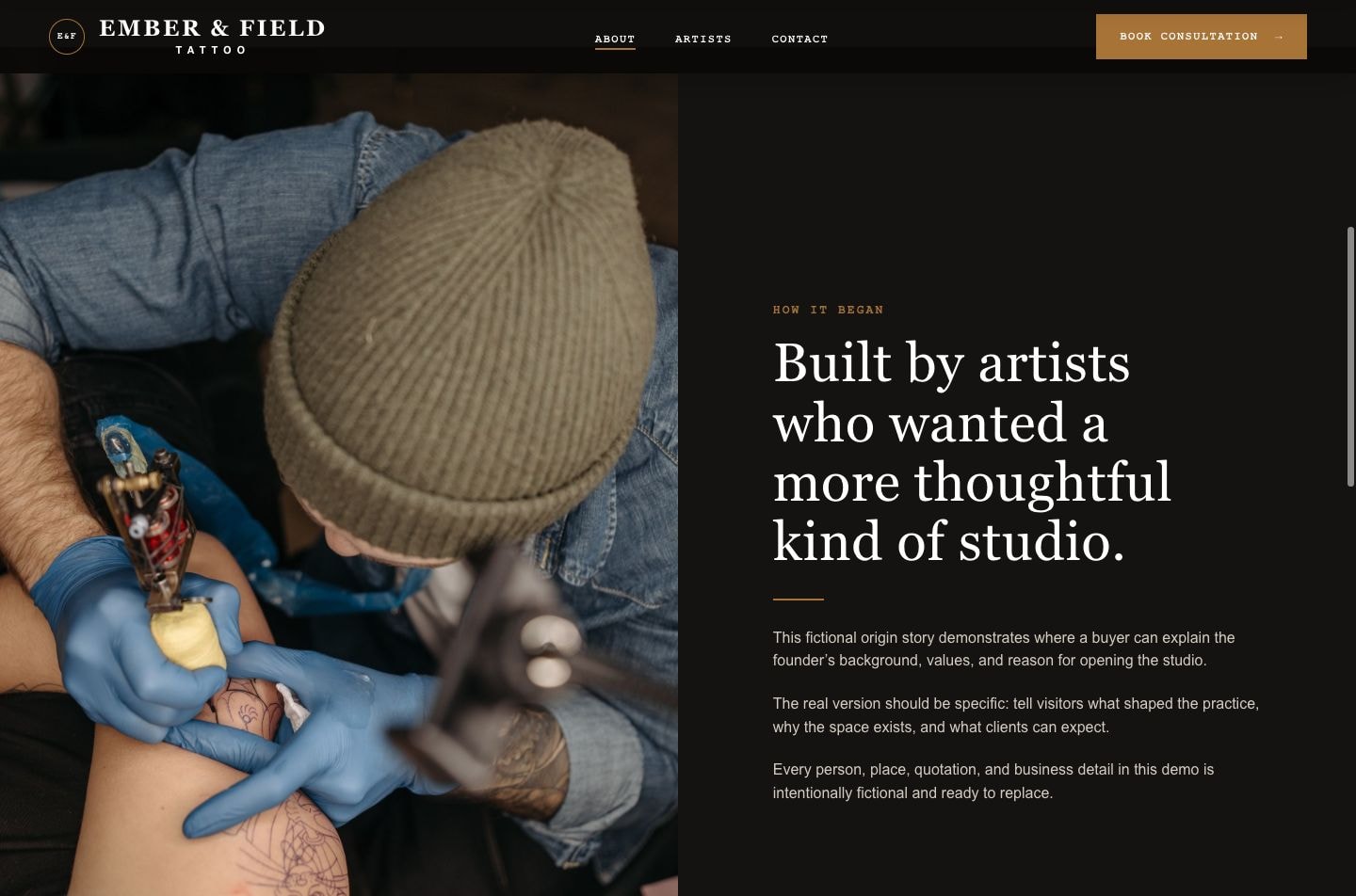 Ember Studio about page with tattoo artist photography