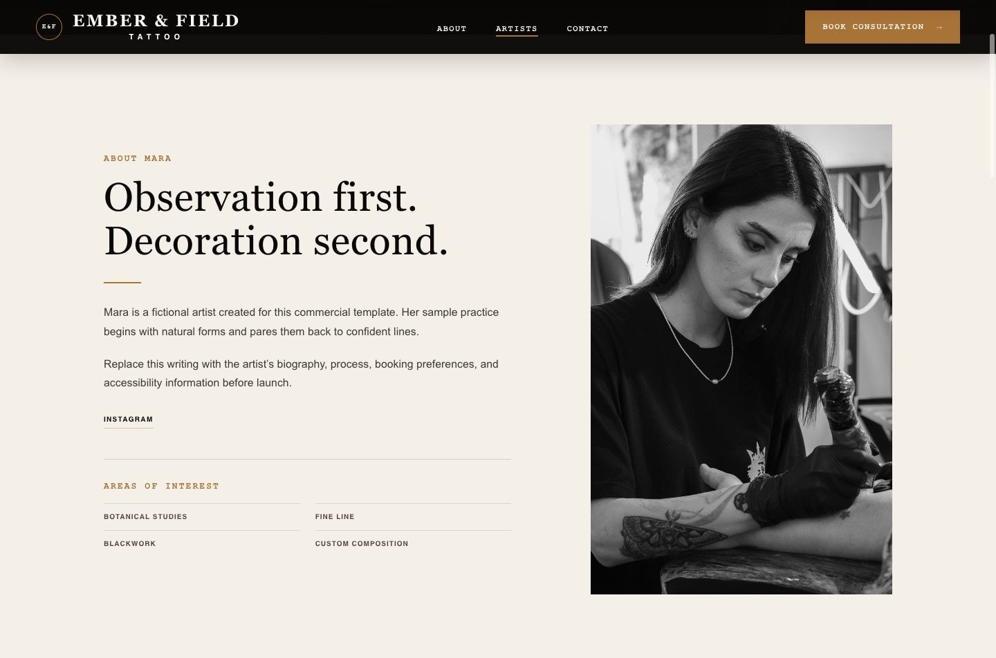 Ember Studio individual artist profile page
