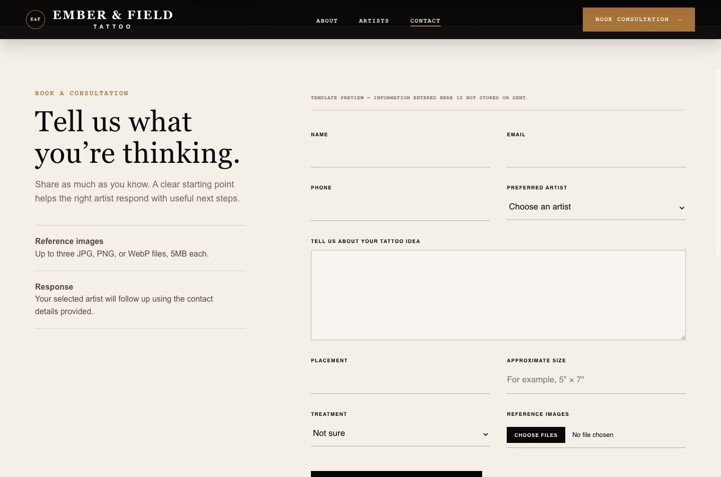 Ember Studio consultation and contact page